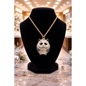 Betsey Johnson Enamel Rhinestone Owl Pendant Necklace Gold Tone New with Tags